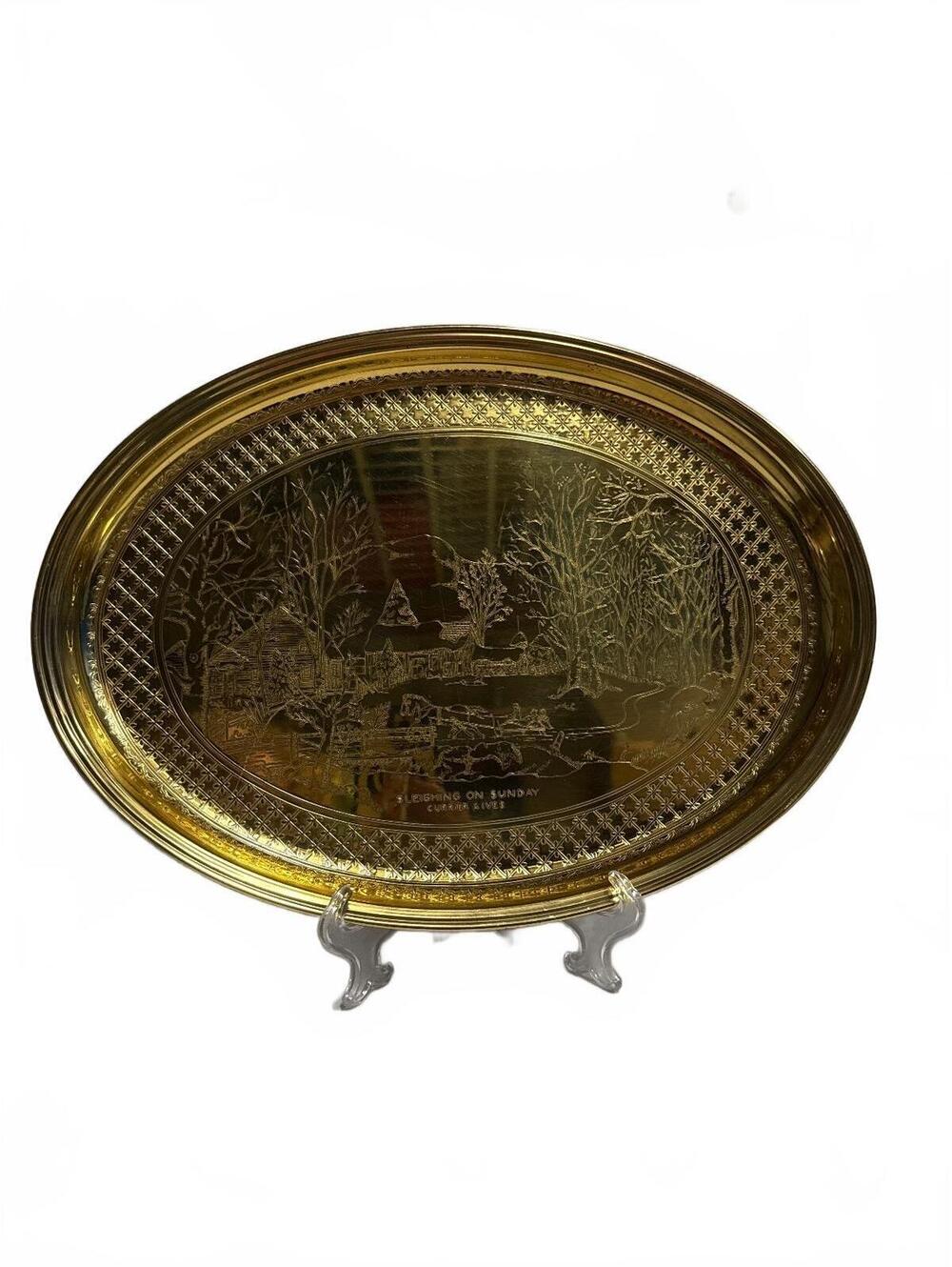 Vintage Brass Serving Tray Currier & Ives Engraving
